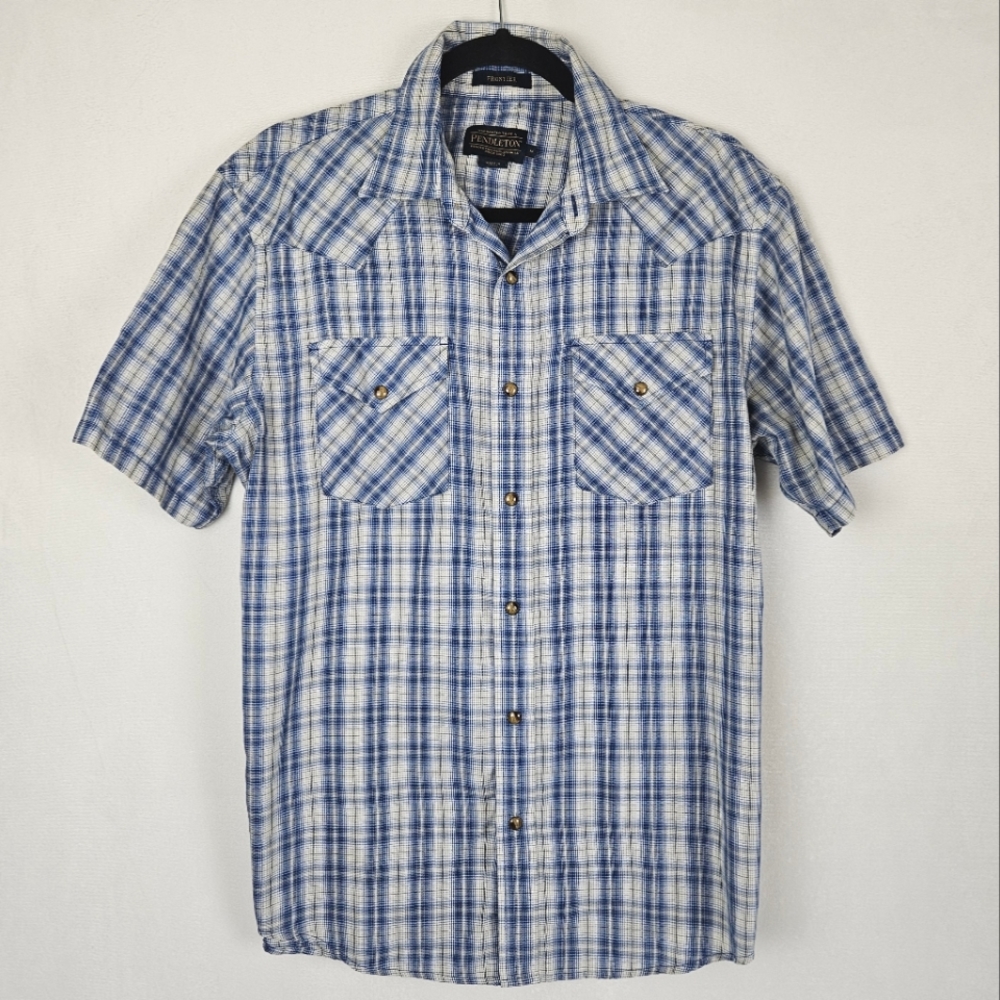 Pendleton Western Frontier Blue Checkered Pearl Snap Button Down Size Me…